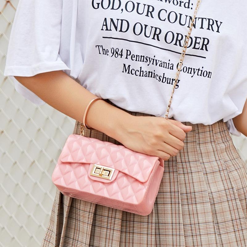 Fresh Jelly Chain Lock Bag a Diamond Solid Color Small Square Bag Crossbody Shoulder Women's Bag