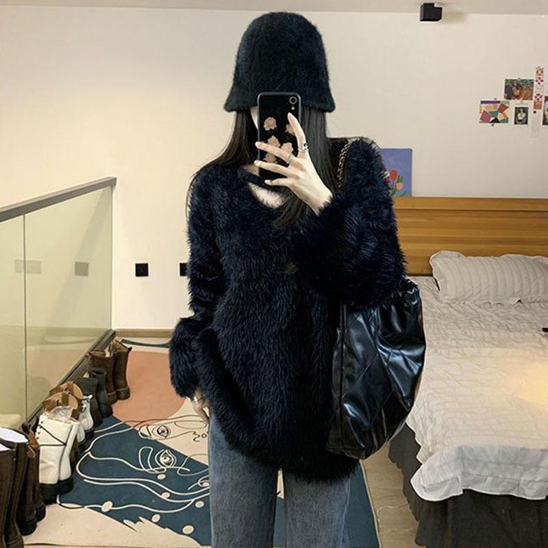 

Свитер свободный и ленивый утягивающий свитер куртка дизайн трикотажная основа пуловер сплошной повседневный one size чёрный