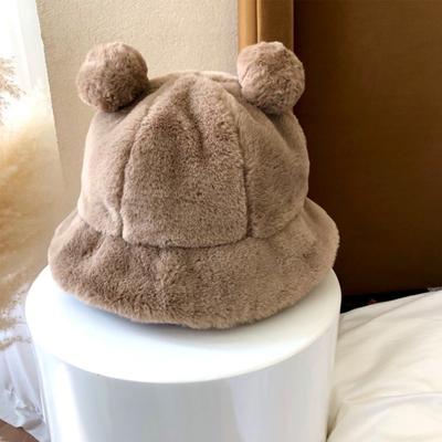 Bucket Hat Bear Ear Ball Thickened Autumn Winter Leopard Plush Ball Basin Cap for Outdoor
