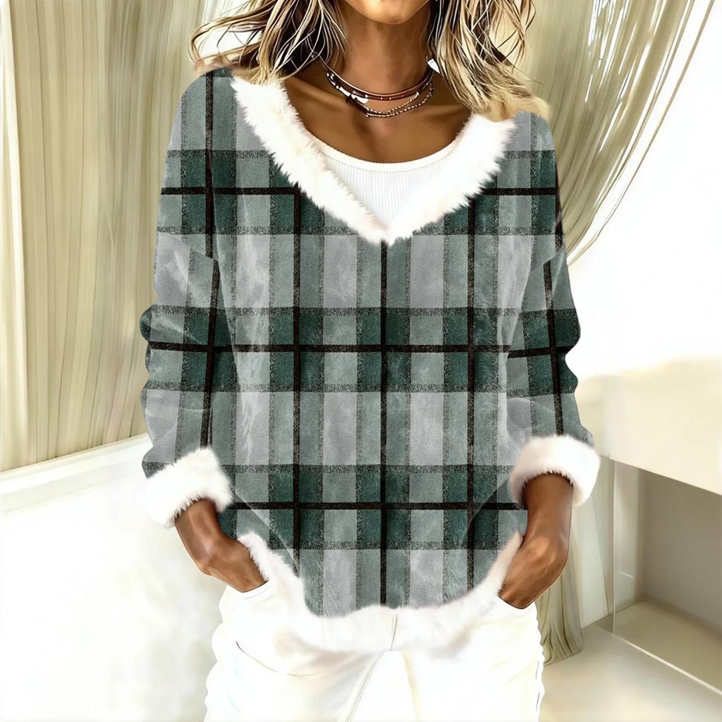 Dammode Plysch V-ringad Pullover Topp Långärmad T-shirt Tryckt Sweatshirt