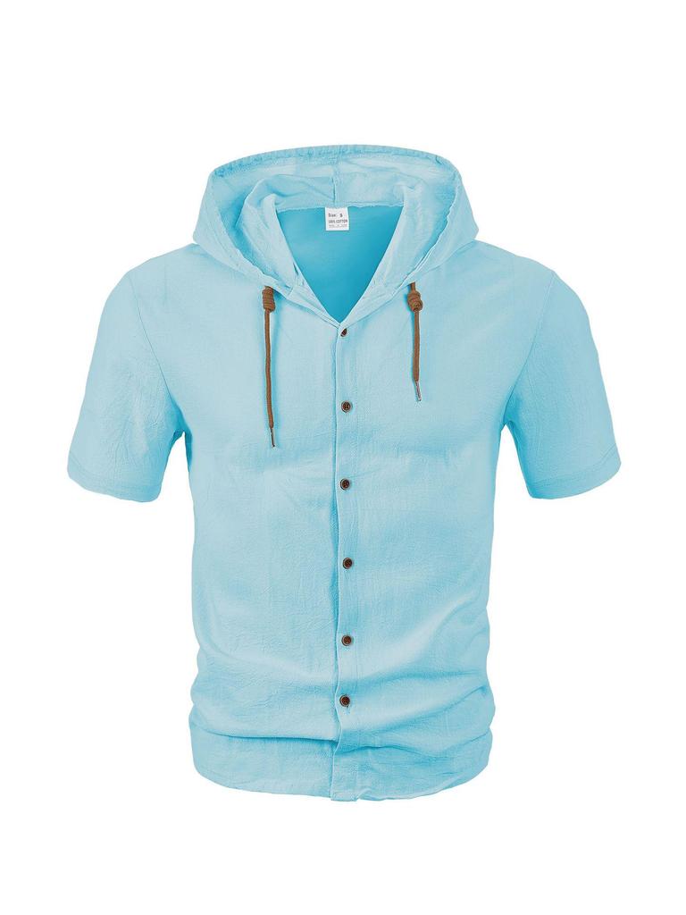 Men's Casual Lightweight Cotton Linen Short-Sleeve Hoodie Cardigan