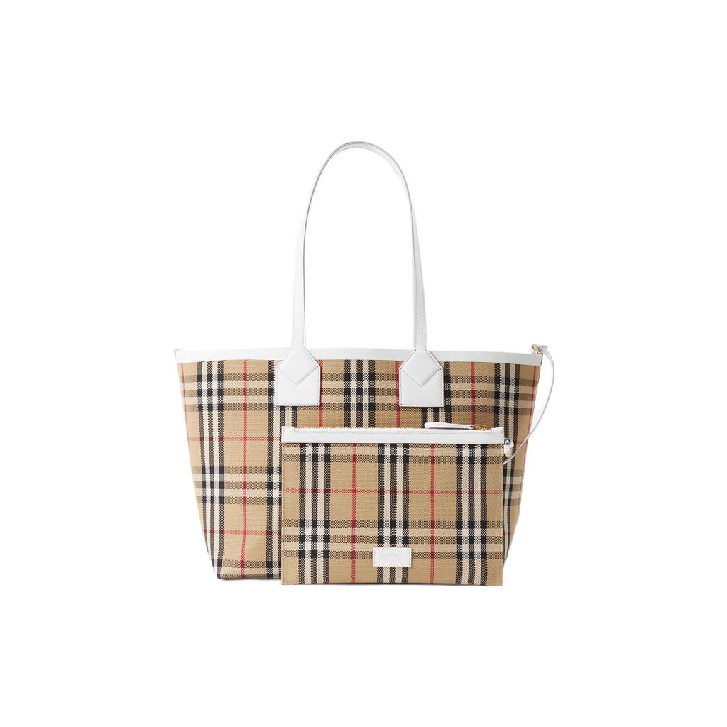 Burberry London Abnehmbare Reißverschluss-Aufbewahrungstasche Offenes Design Leder Leinwand Tragetasche Einkaufstasche Handtasche Klein Damen-Tote Beige Weiß 80723311
