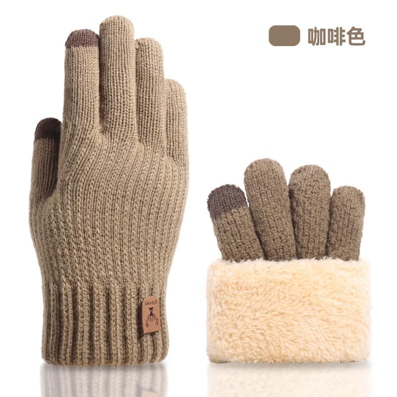 Knitted gloves, women's autumn and winter warm outdoor cycling cold-proof double-layer velvet thickened, touch screen gloves