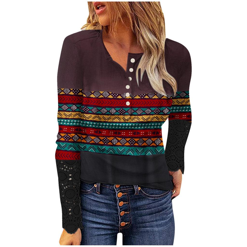 Womens Fashion Lace Long Sleeve Hole Strip Slim Round Neck Button Print Pullover Women's T-Shirt