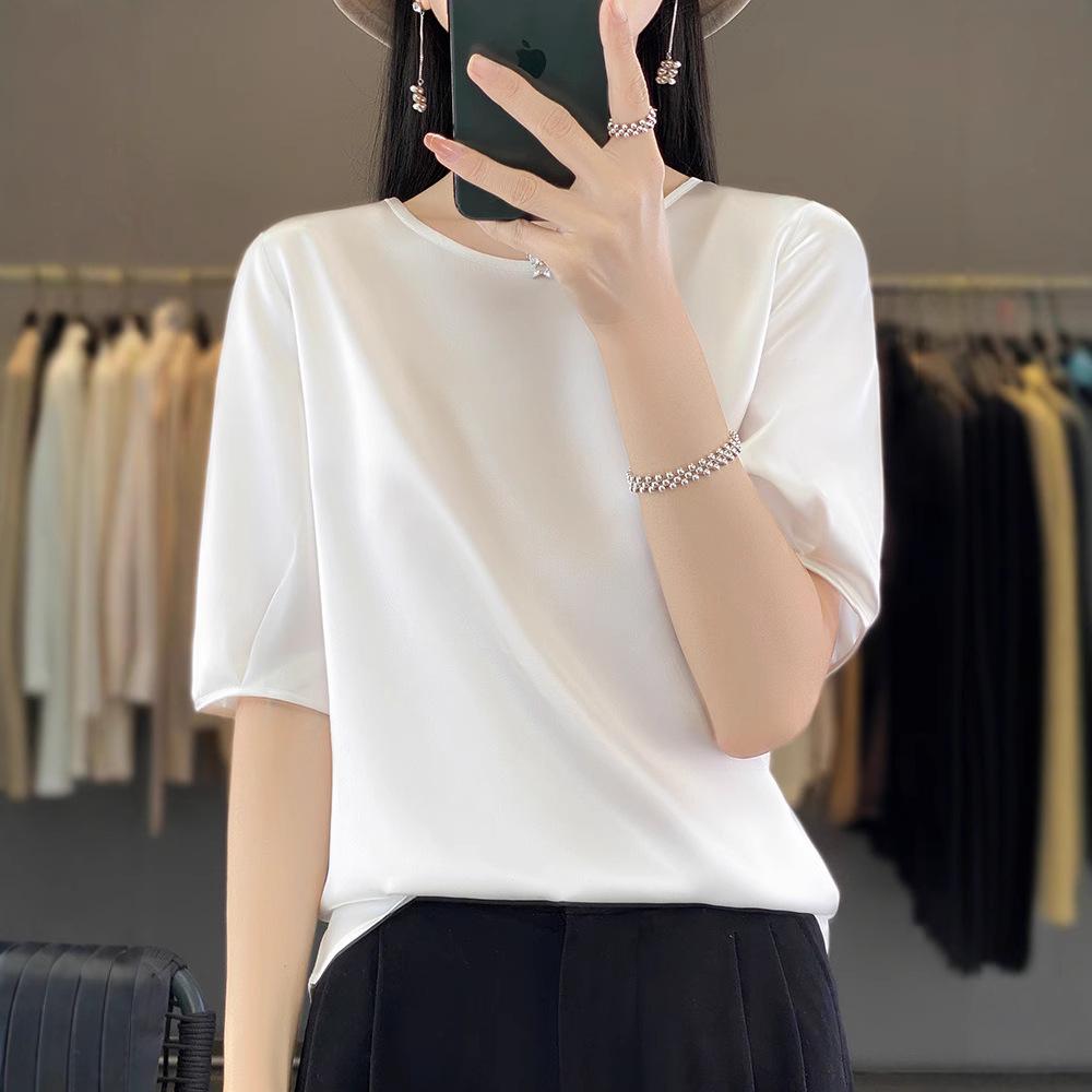 Satin Round Neck Half-Sleeve Loose T-Shirt for Women