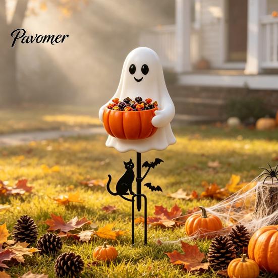 Festive Courtyard Accents Halloween Ghost Candy Bowl Garden Stake, 2D Flat Pumpkin Holder with Cat Yard Stakes And Bats, Trick or Treat Art for Porch