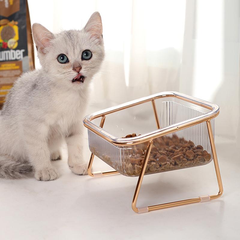 Professional Cat Double Bowl New with Stand and Mat Pet Kitten Puppy Transparent Food Feeding Dish Metal Elevated Water Feeder Dog Supplies