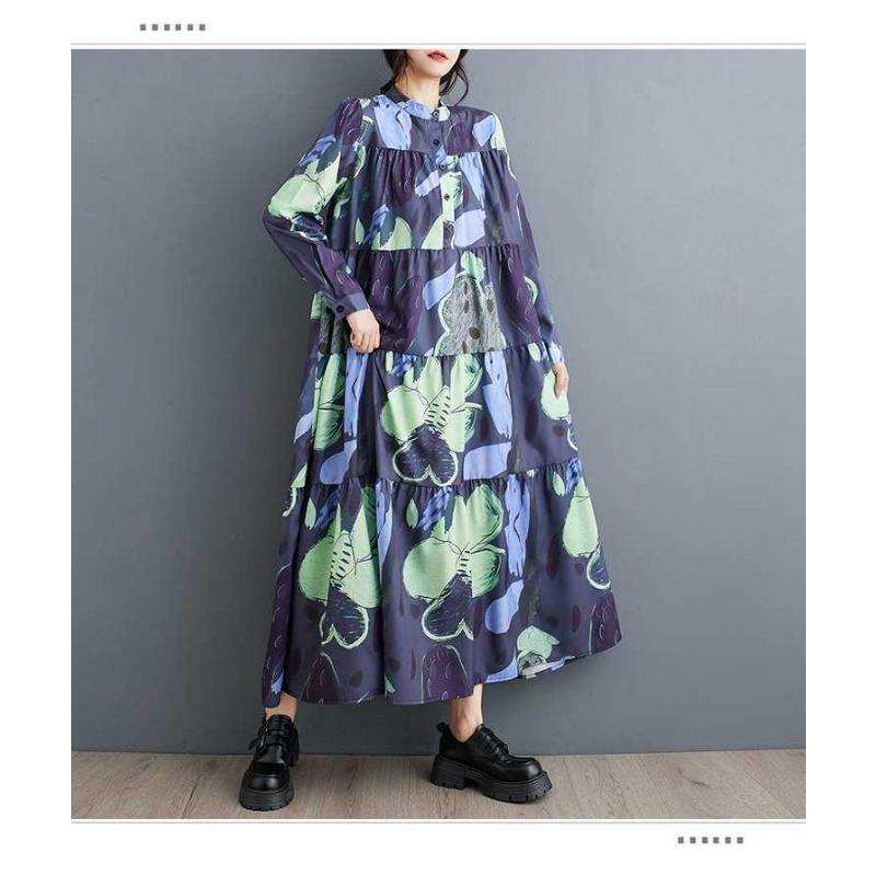 Loose and Thin Fashion Long-sleeved Printed Mid-length Dresses