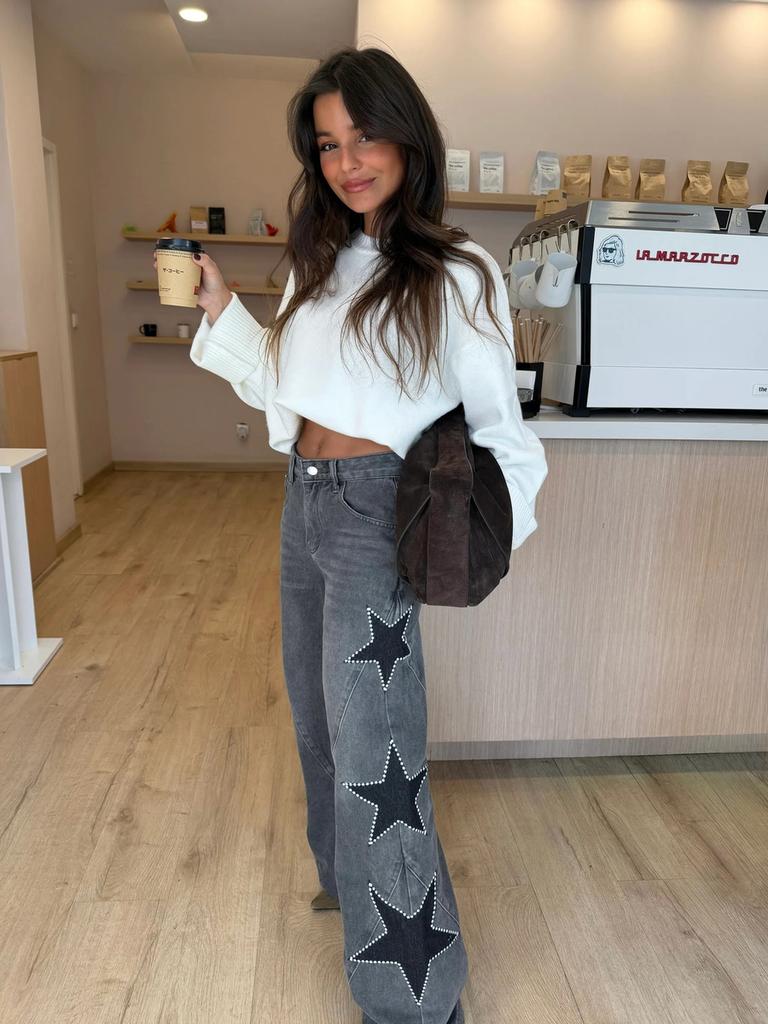 Women's New Fashion Casual Five-Point Star Loose Straight Jeans Pants 