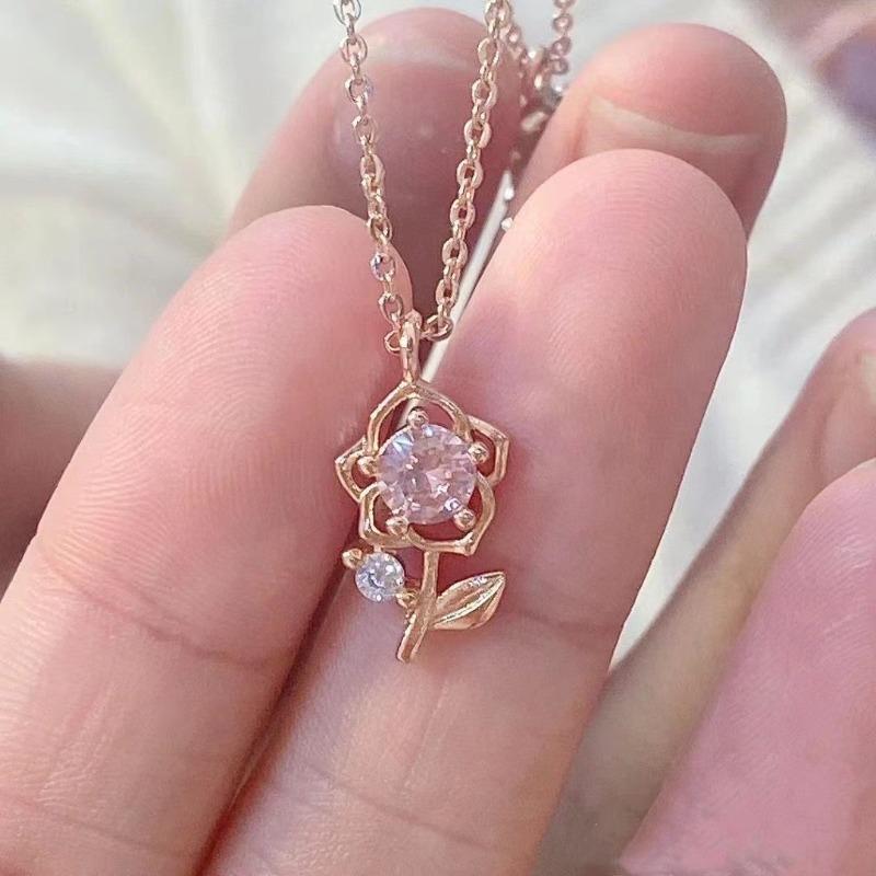 Gentle Rose Necklace~ Rose Gold Small Pink Zirconium Flower Clavicle Chain Sweet Niche Design Female