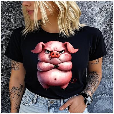 Unisex Womens Cotton  Angry Little Fat Pig Print Tshirt Loose Round Neck Casual Short Sleeve Fashion Top  Clothing Summer