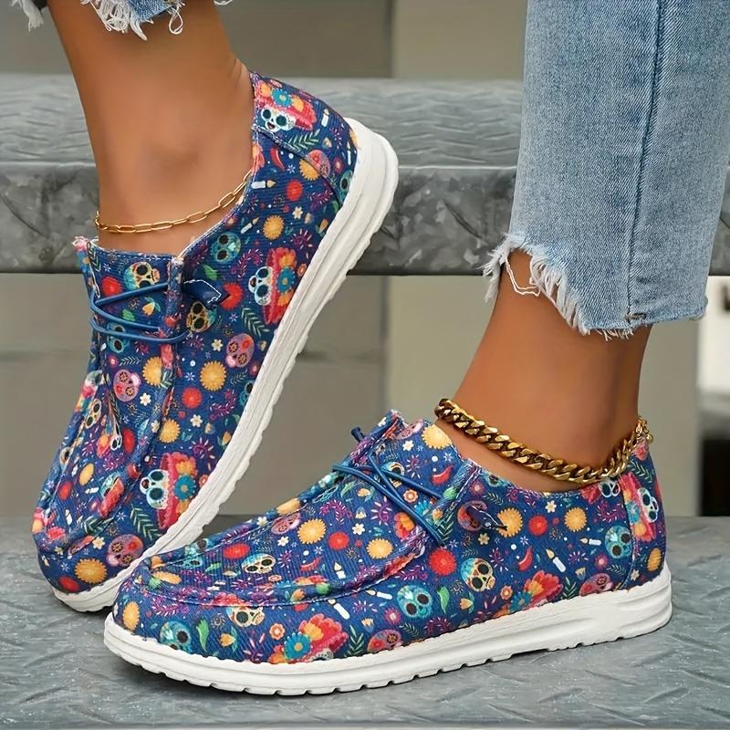 Women's Gothic Floral Skull Print Sneakers - Anti-Slip TPU Upper Round Toe Casual Skate Shoes with Arch Support All-Season Flat Sole for Skateboarding