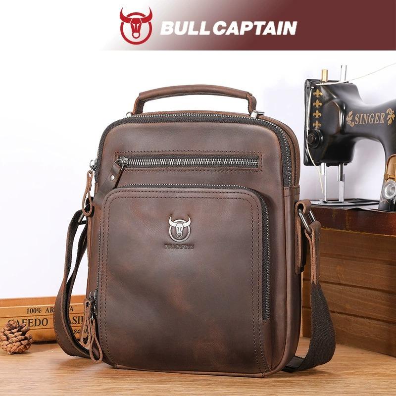 BULLCAPTAIN Vintage Crazy Horse Leather Messenger Bag for Men, Large Crossbody Tote with Pocket Fits 10-Inch Tablet, Laptop, Phone
