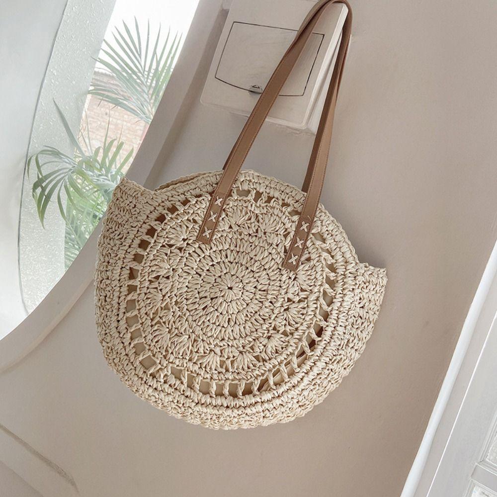 Round Straw Tote Bag Handmade Woven Shoulder Bag Trendy Straw Weave Bag  Travel