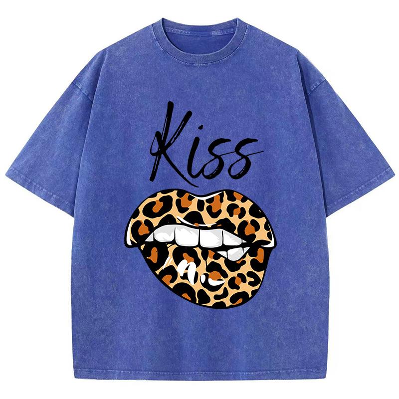 LeopardPrint Lips Kiss Prints Washed T Shirt Women Cotton Streetwear Distressed ONeck Comfortable Tops Summer Womans Clothes