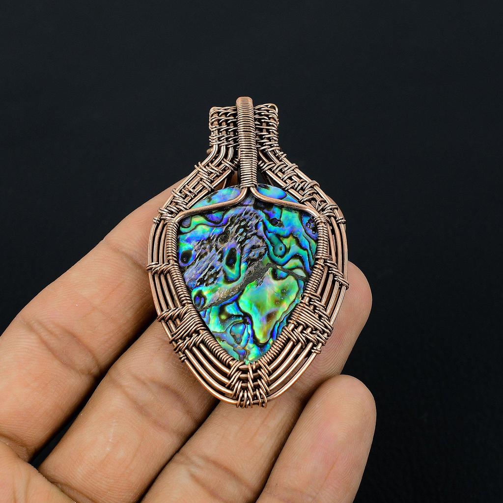Abalone Shell 999 Copper Wire Wrapped Pendant, Handmade Gemstone Pendant Jewelry, Gifts For Wife Brand New Pendant