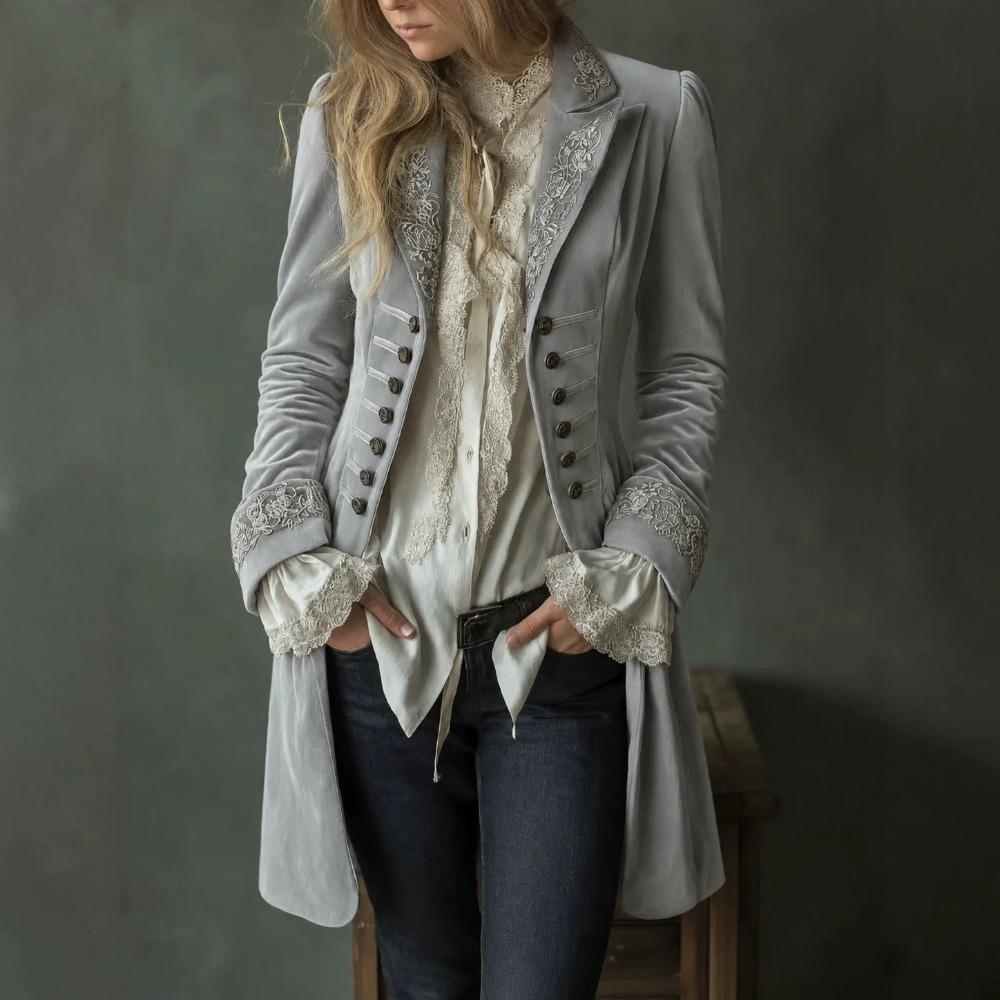 Women's Turn Down Collar Long Sleeve Blazer Regular Fit Elegant Embroidered Velvet Coat