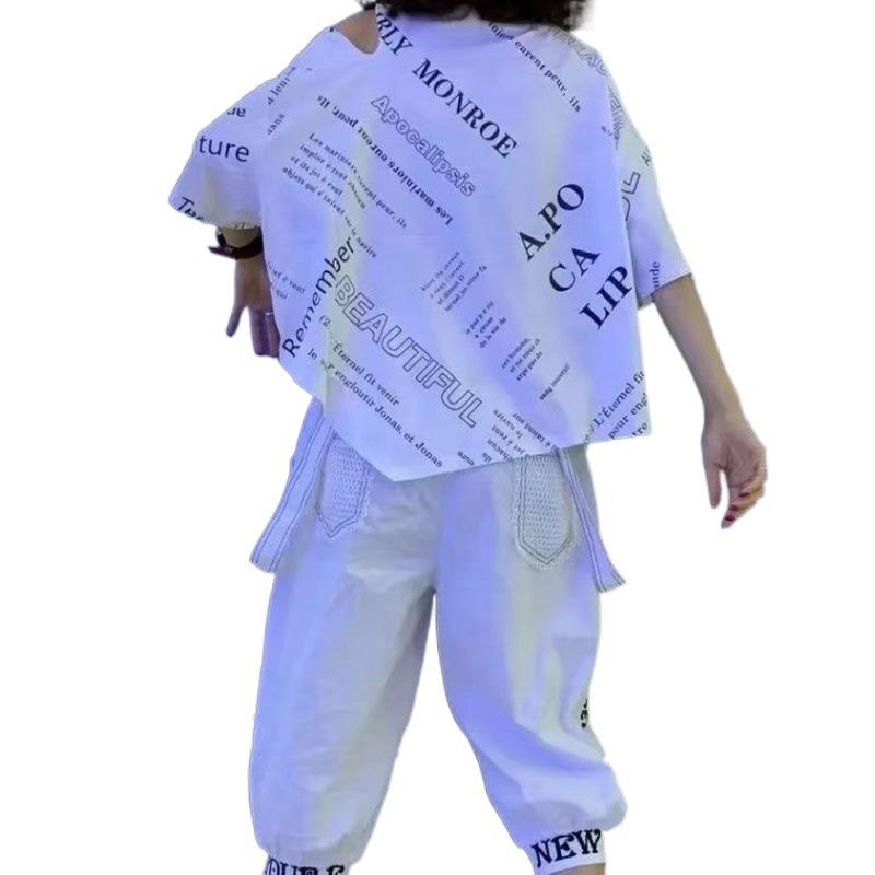 Women's Summer Irregular Looses Printed Letters Suit Short-sleeved + Seven Pant Two-piece Set