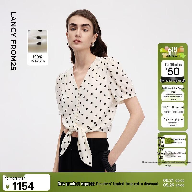 Langzi French V-Neck Silk Polka Dot Blouse M