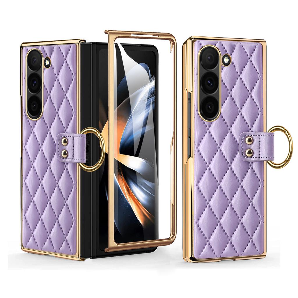 For Samsung Galaxy Z Fold6 5G Case Rhombus Grid Phone Cover with Tempered Glass Film