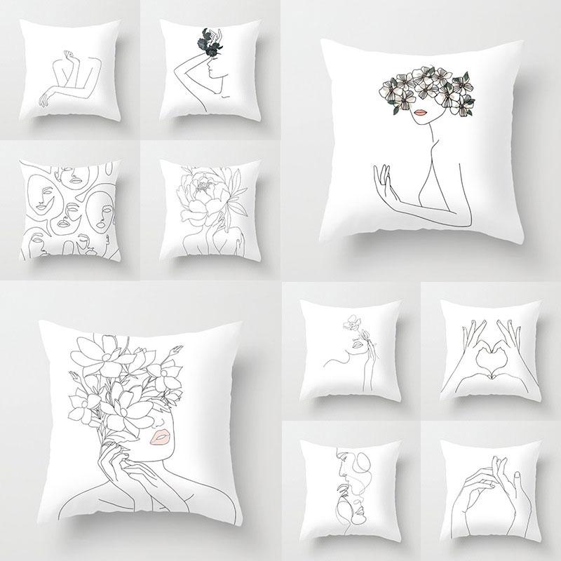 Modern Nordic Cushion Cover Sofa Decor Pillow White Abstract Line Portrait Sketch Polyester Print
