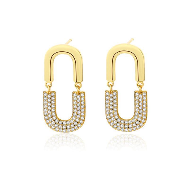 U-Shaped Stud Earrings With Full Crystal Pave Oval Design Sterling Gold Plated Minimalist Chic Women