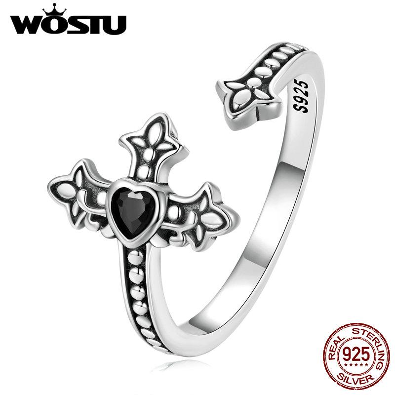 WOSTU Real 925 Sterling Silver Punk Jewelry Retro Cross Open Ring For Women Cool Black CZ Statement Adjustable Rings Party Gift