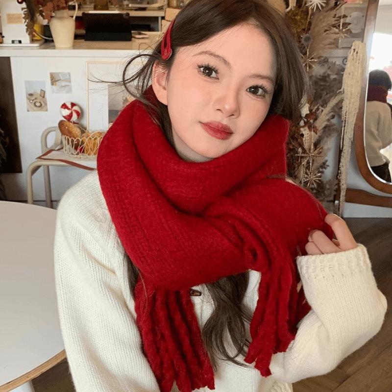New Christmas Red Scarf Women's Winter Warm Thickened Versatile Solid Color Knitted Fringed Scarf Shawl Student