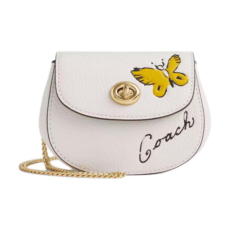COACH 12 butterfly print design detachable chain shoulder strap leather coin purse regular women s chalk color Chalk color розовый