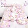 Pink Butterfly Party Set: Plates, Cups, Napkins, Embroidered Tablecloth, Banner & Cake Toppers