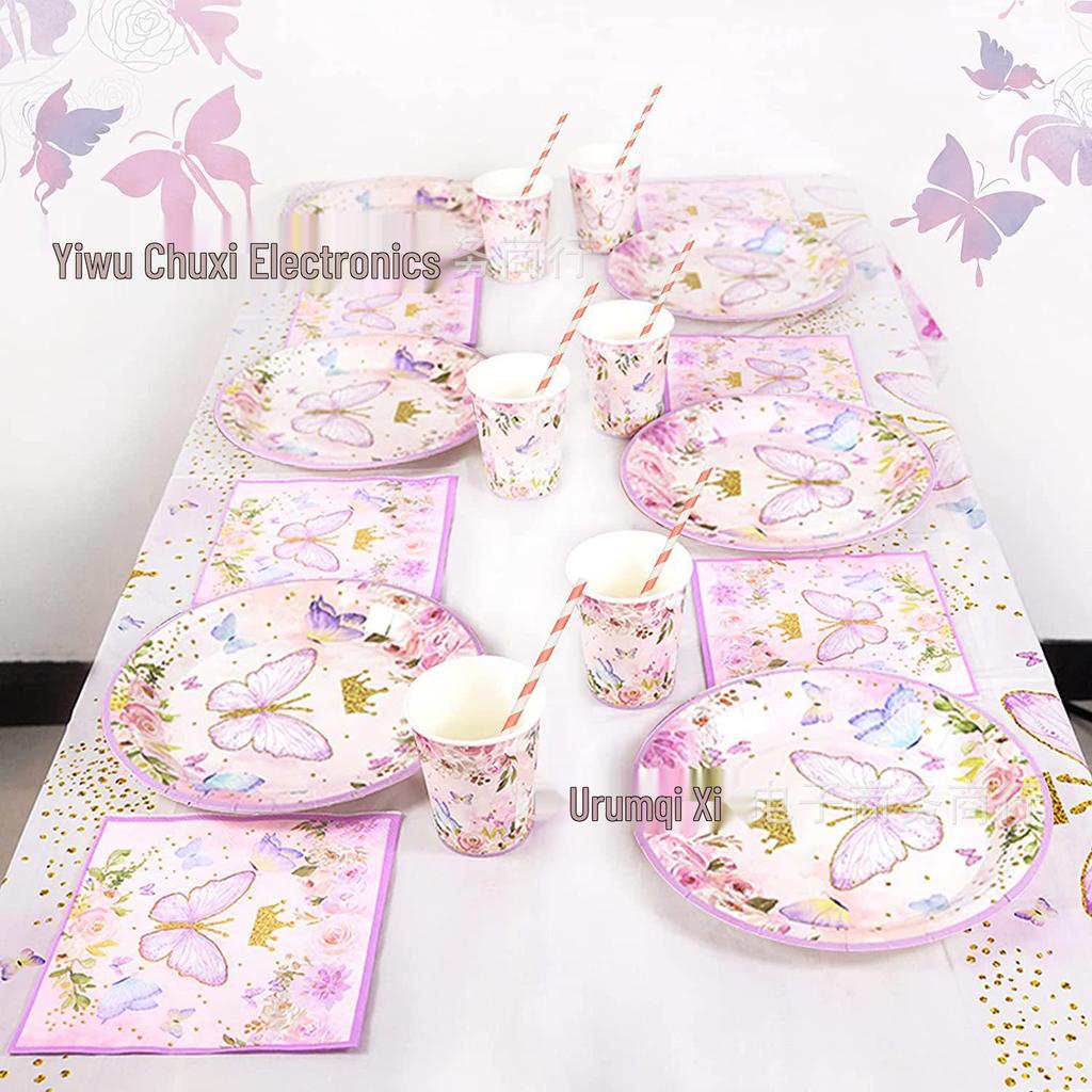 Pink Butterfly Party Set: Plates, Cups, Napkins, Embroidered Tablecloth, Banner & Cake Toppers