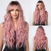 Wine Red Long Wavy Synthetic Wig High Temperature Natural Wig with Bangs Colorful Party Cosplay Hair for Black Women
