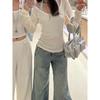 Light Color and Water Scrubbing Worn Slightly Cut Denim Women's Small High Waist Loose and Slimming All-Matching Straight Loose Pants Summer