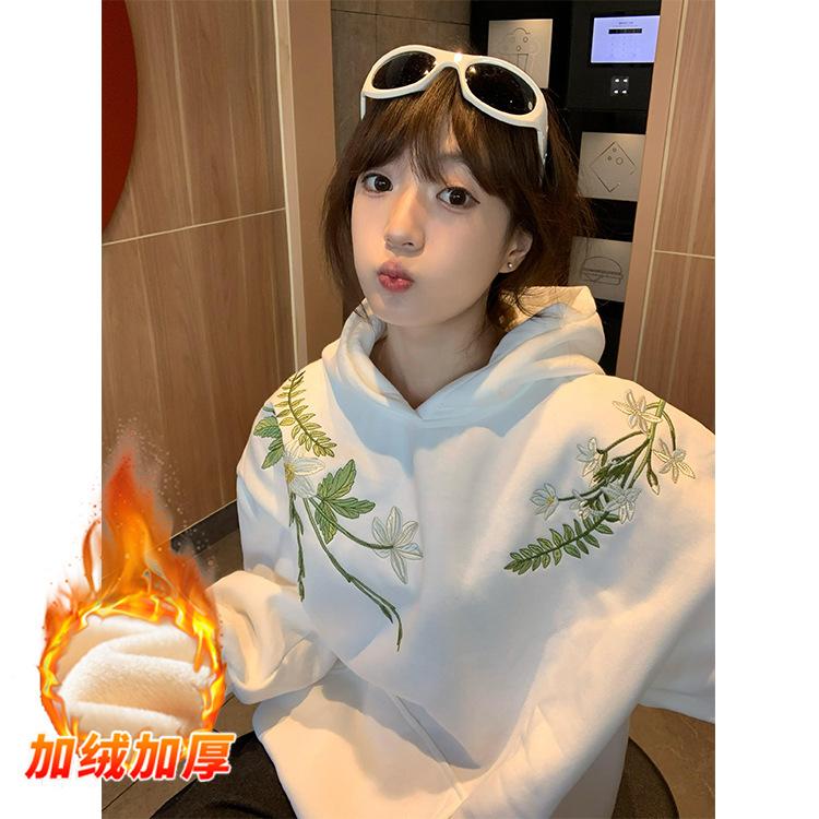 Embroidery retro heavy industry machine embroidery hooded sweater women's casual lazy wind fleece thickened men's hoodie autumn and winter coat
