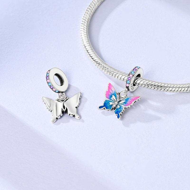 2025 Newest Colorful Charms Bead 925 Sterling copper Pink Butterfly Pendants Fit Original Mula Bracelet DIY Zircon Marking