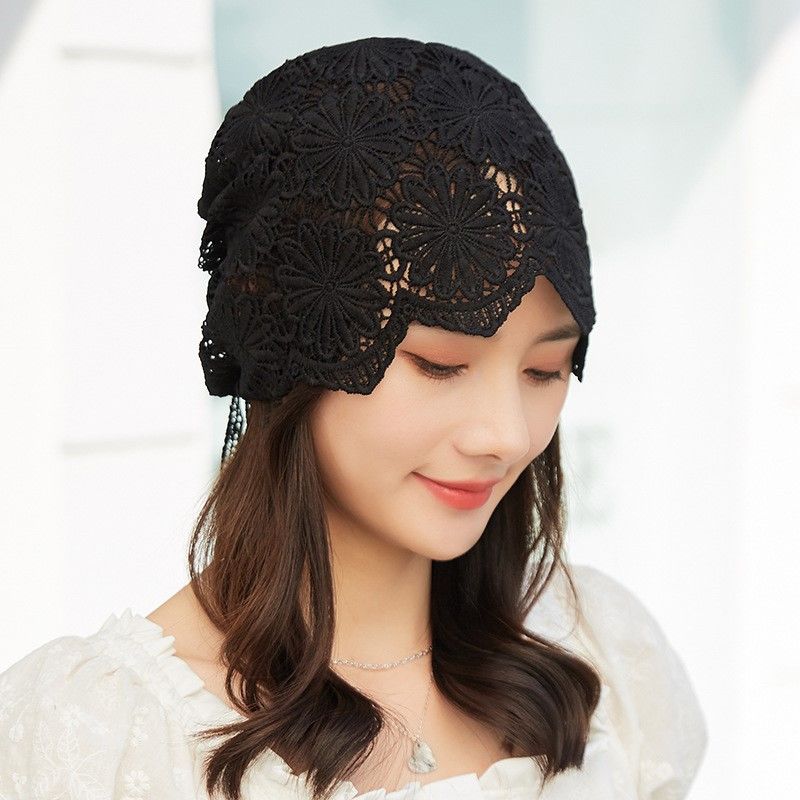 Women's Single Layer Flower Lace Ethnic Style Summer Pull-On Turban Headscarf Elegant Thin Hat