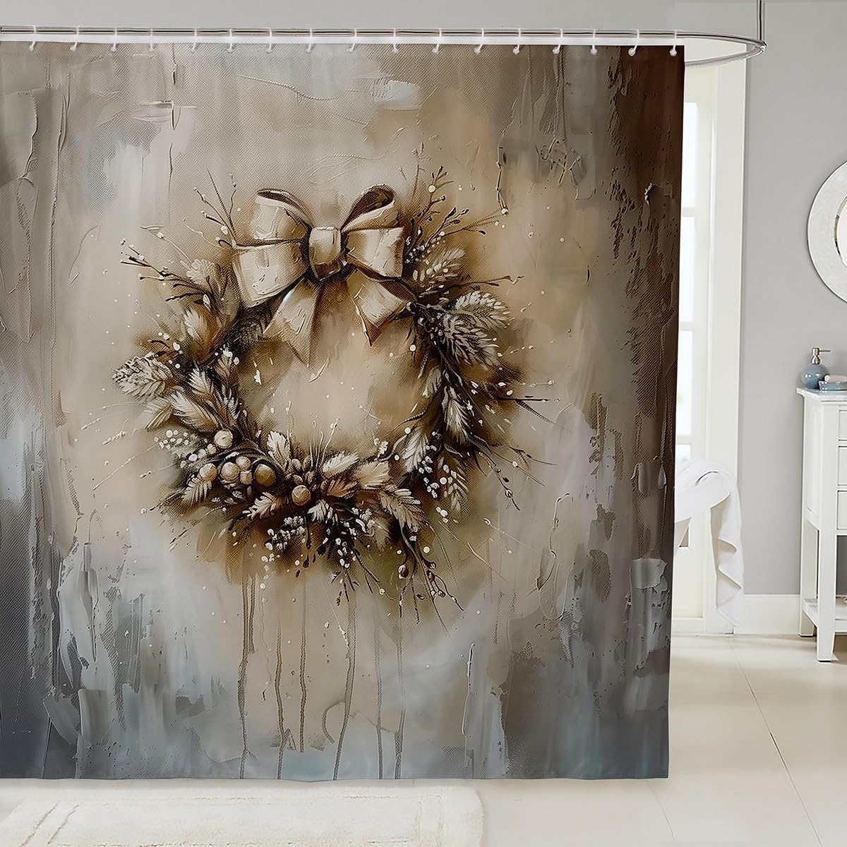 

Vintage Christmas Garland Shower Curtain With Xmas Bow Design, Waterproof Farmhouse Bathroom Decor For Rustic Holiday Style W60H190(CM)-1 Pcs