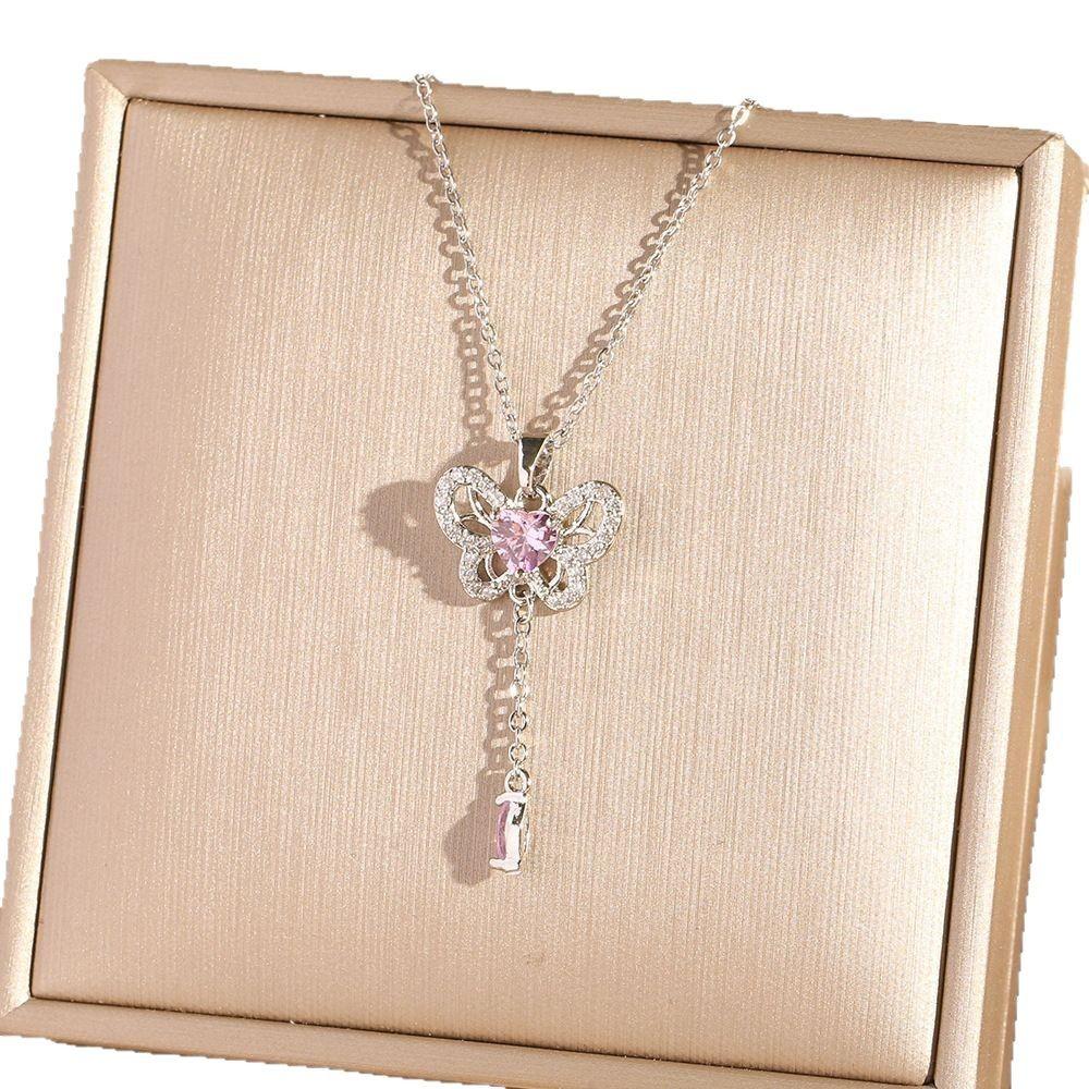 [Micro-Set Pink Zircon Titanium Steel Necklace Sweet Light Luxury Fashion Choker Jewelry]