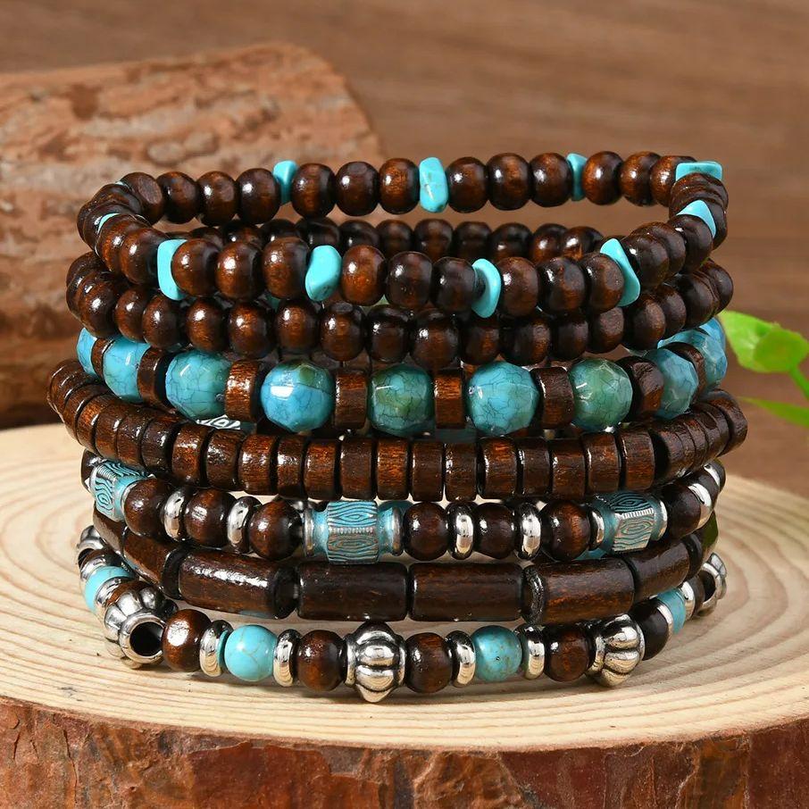 DIEZI 7 Stück/Set Böhmische Holzperlen Türkis Strang Armbänder Herren Damen Handgemacht Elastisches Seil Armband Armreif Pulseira Feminina