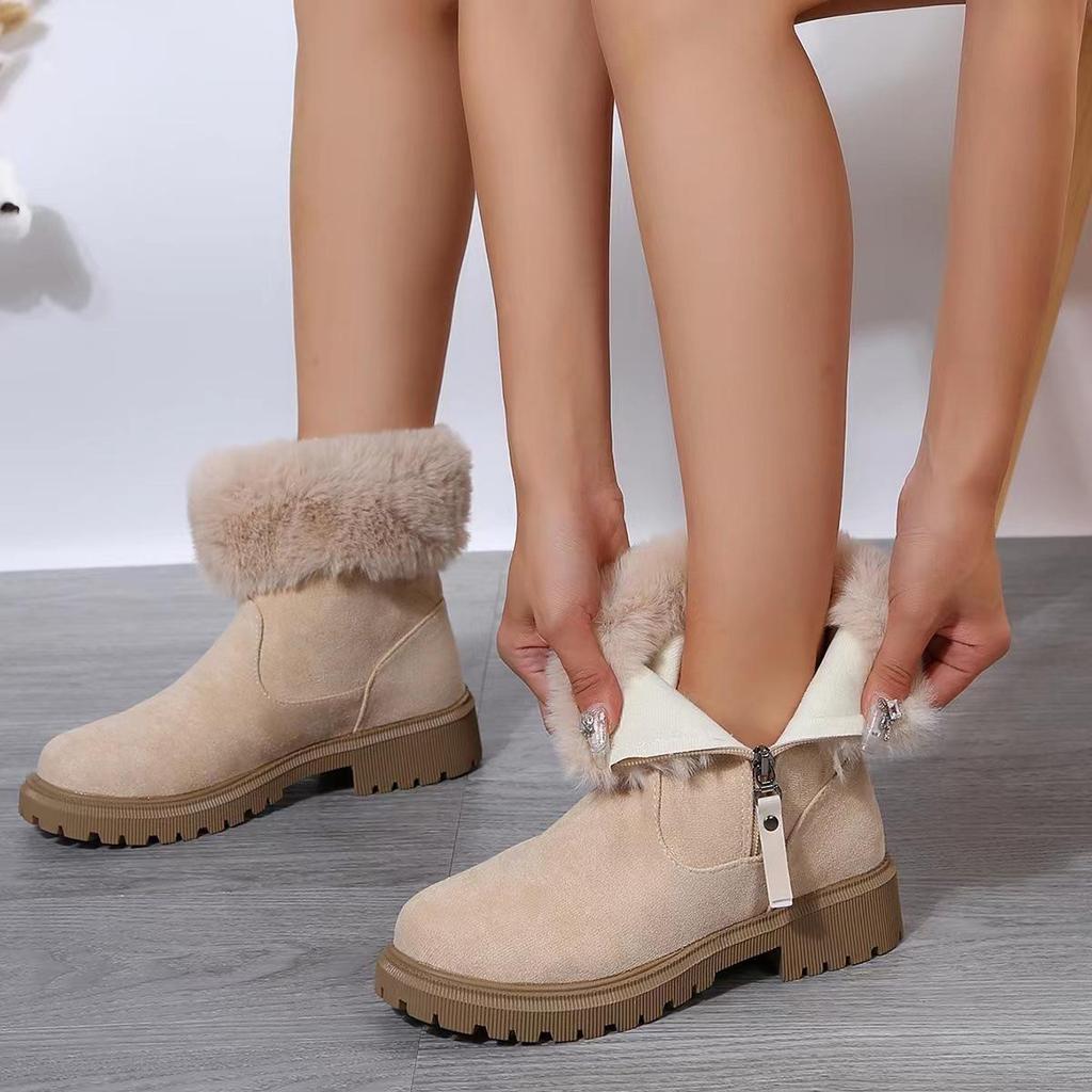 Autumn Winter Short Tube Suede Snow Martin Boots For Women Cross-Border Large Size Zipper Fur Plush Thick Cotton Boots Shoes 36-42