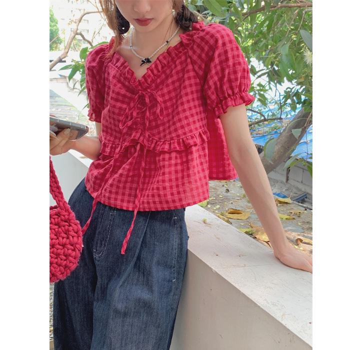 

Клетчатый галстук-бабочка, топ с укороченным рукавом-буффом и V-образным вырезом для женщин Large красный