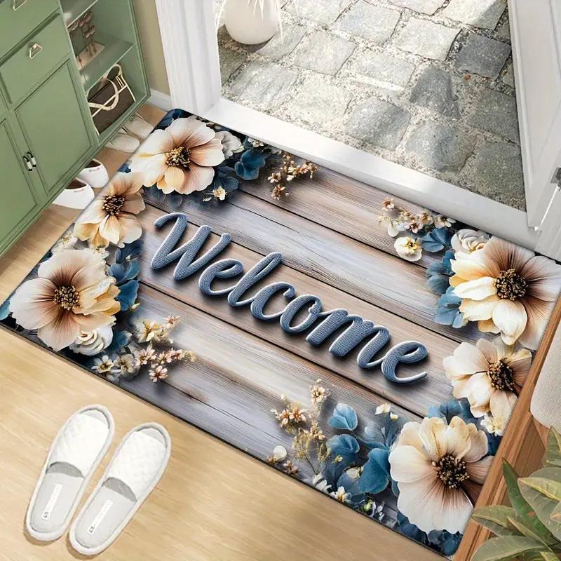Welcome Floral Pattern Door Mat, Non-Slip Washable Floor Mat, Decorative Carpet For Home Kitchen Living Room Outdoor Entrance
