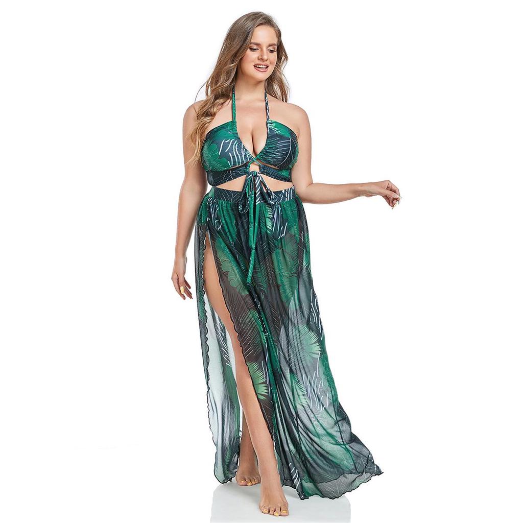 European & American Plus Size Three-Piece Printed Bikini Set for Women