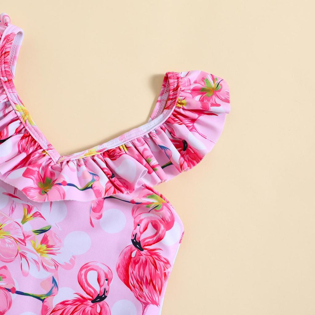 Flamingo Print V-Neck Spaghetti Strap One-Piece Swimsuit for Girls