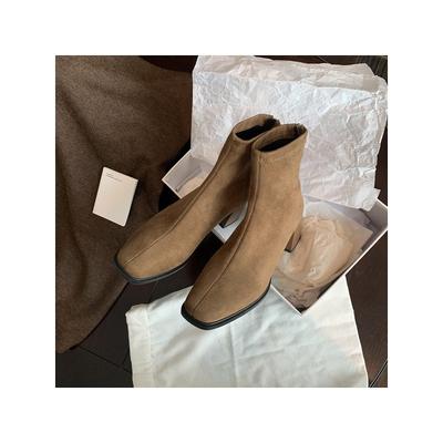 Classic Temperament Square Head Rear Zipper Ankle Boots Thick Heel Short Boots Women's High Heel Thin Boots