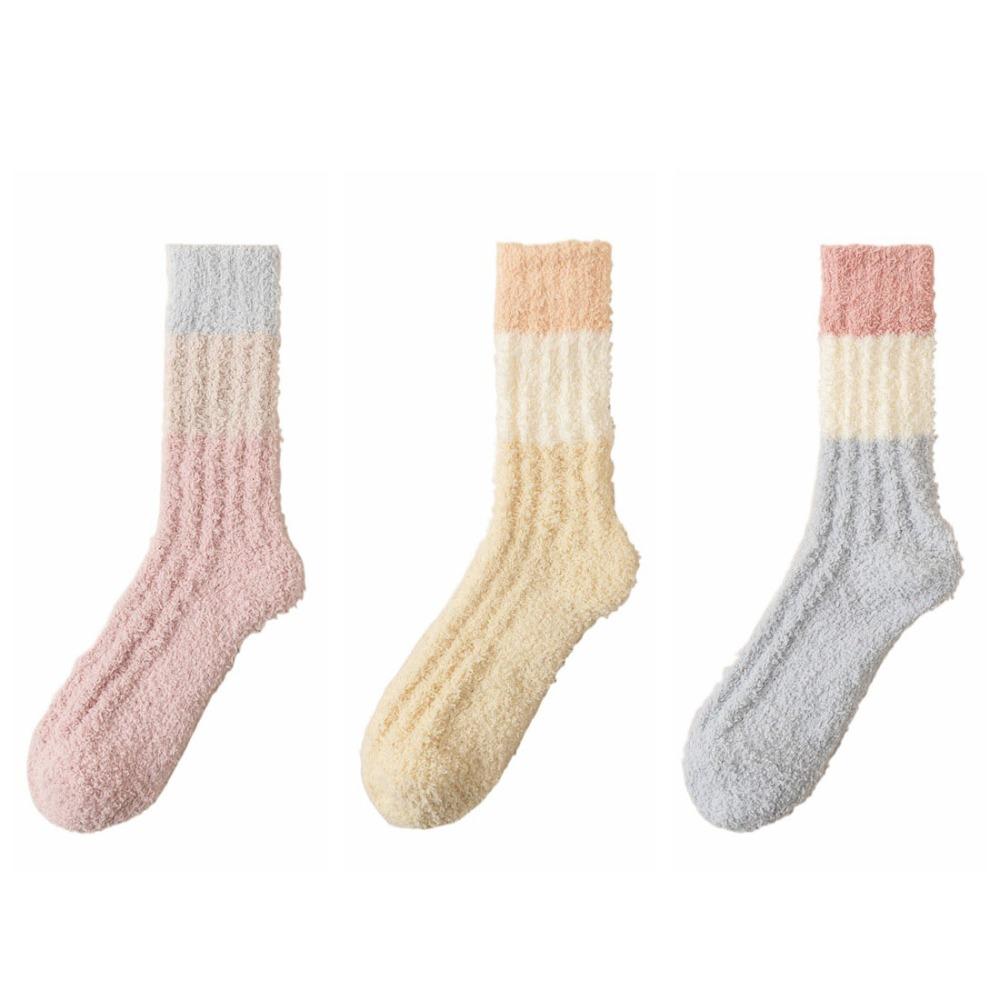 

3Pairs Kawaii Thickened Coral Fleece Socks Stripe Winter Floor Socks Sleeping Hosiery Mid Tube Socks Women Autumn One Size