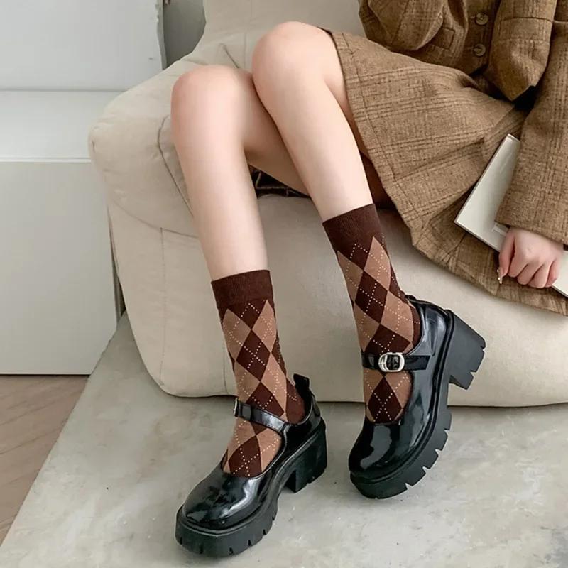 Diamond Grid Lolita Socks Women's Middle Tube Socks Polyester Cotton Socks Japanese Students Women Socks Girls Cute JK Socks