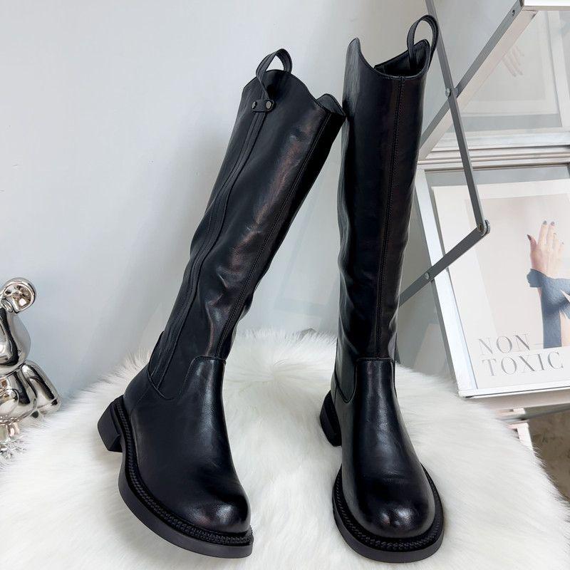 Lange Stiefel Damen Flacher Boden Höhenverstellbar Herbst Neu Britischer Stil Hoher Schaft Dünn Reißverschluss Hinten Ritterstiefel