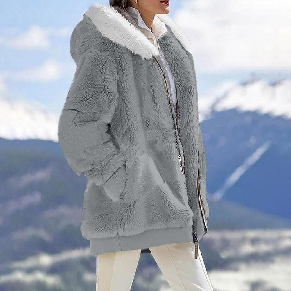 Chaqueta casual con capucha y cremallera de felpa holgada de color sólido para mujer con bolsillos