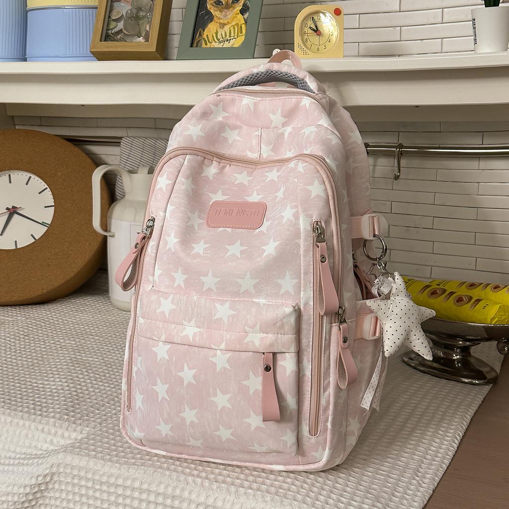 Schoolbag Starlight Fog Ash Low Saturation Polka Dot Star Backpack Junior High School Student Light Commuter Large Capacity School Bag Women's